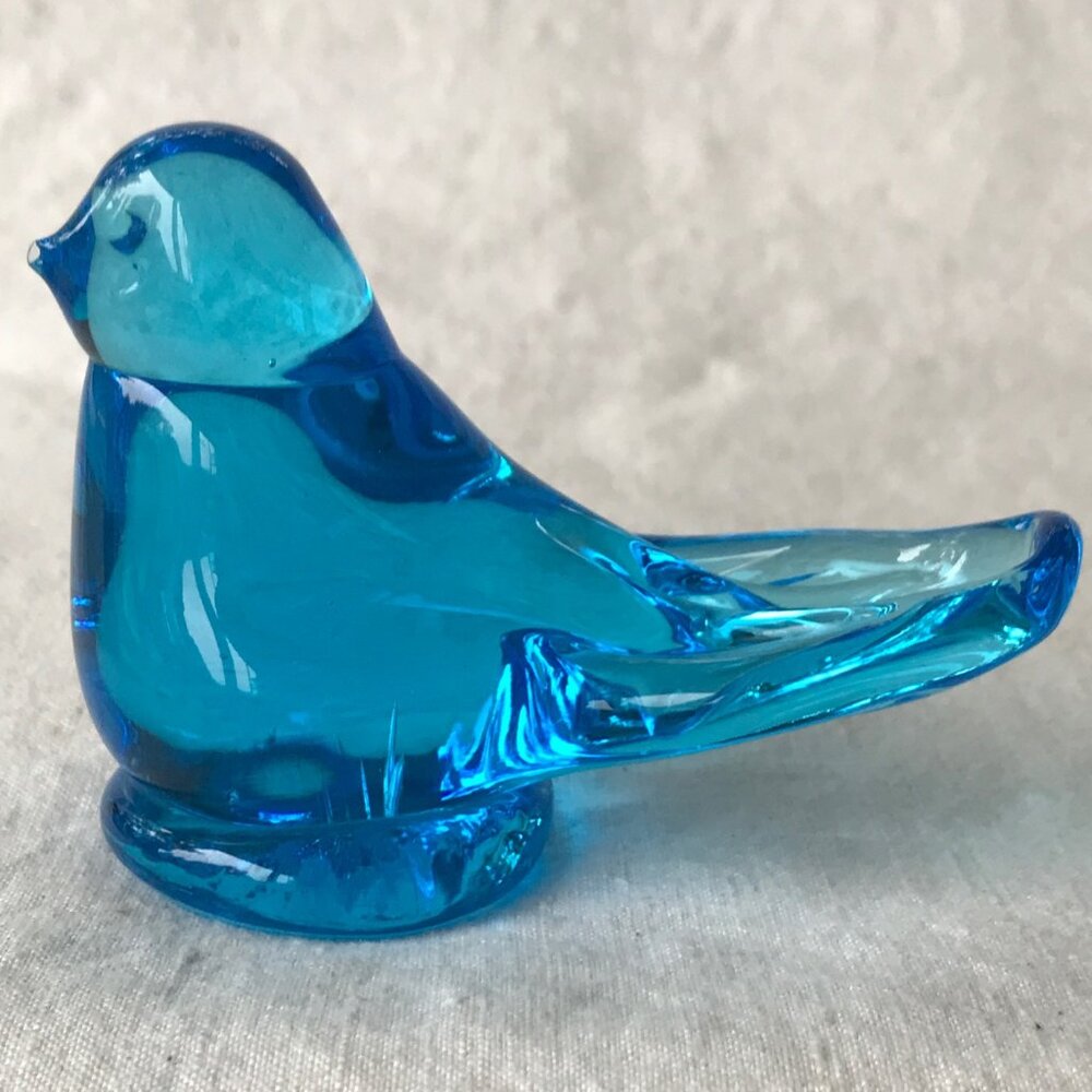 1990 Blue Glass Bluebird of Happiness Paperweight. Signed Ron Ray bird figurine